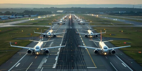 A row of airplanes are lined up on a runway