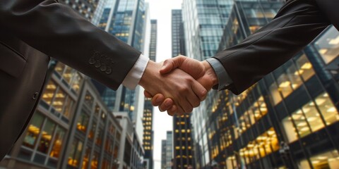 Two men shaking hands in front of a building