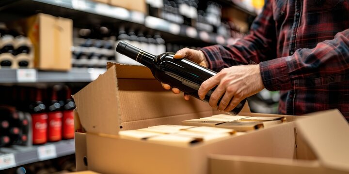 A man is holding a bottle of wine in a store