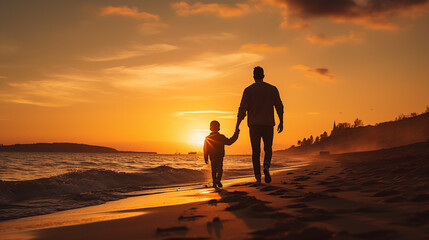 man and his son with sunset background walking on beach - 779471503