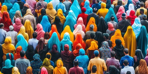 A large crowd of people wearing colorful clothing and turbans