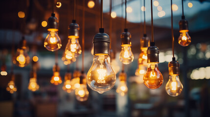 light bulbs hanging from ceiling in cosy cafe.