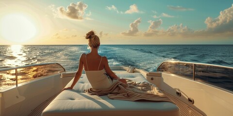 A woman is sitting on a boat with her hair blowing in the wind