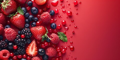 A close up of a red fruit salad with strawberries, blueberries, and raspberries