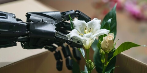 A robot is touching a rose in a box
