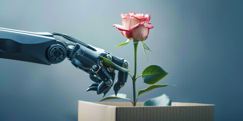A robot is touching a rose in a box