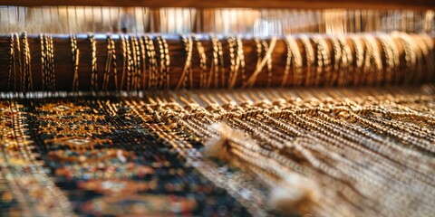 A long piece of cloth is being woven on a loom