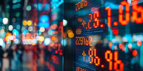 A stock market board with red numbers and a blurry background