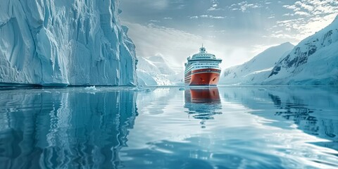 A large red cruise ship is sailing through icy waters