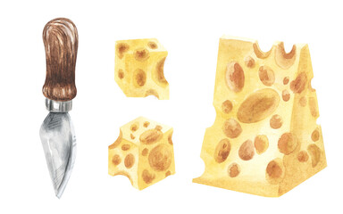 Parmesan cheese and knife set. Hand drawn watercolor illustration, isolated on white background