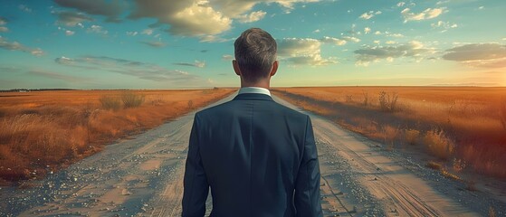 Businessman faces a decisionmaking dilemma at a fork in the road. Concept Decision making, Dilemma, Businessman, Fork in the road, Path to success - obrazy, fototapety, plakaty