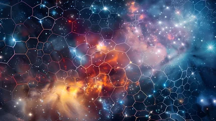 Fotobehang Cosmic Hexagonal Network of Interstellar Luminance and Digital Celestial Textures © pkproject