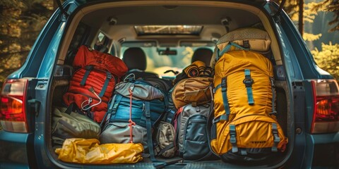 A blue car is filled with backpacks and camping gear