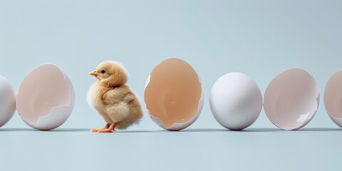 A baby chick is standing in front of a row of eggs, one of which is cracked open