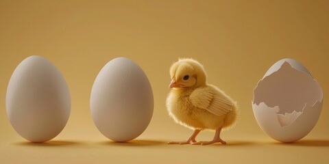 A baby chick is standing in front of a row of eggs, one of which is cracked open