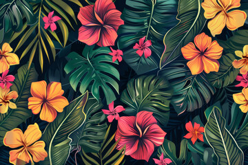 Colorful tropical flowers and leaves form a seamless pattern. A colorful exotic jungle vector illustration background features floral elements - obrazy, fototapety, plakaty