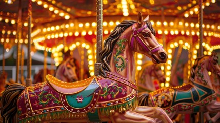 Fototapeta na wymiar A whimsical carousel with brightly painted horses and twinkling lights AI generated illustration