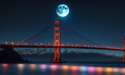 3D wallpaper depicting the San Francisco Bridge lit by a full moon