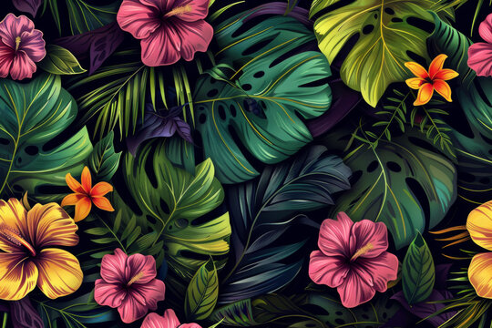 Colorful tropical flowers and leaves form a seamless pattern. A colorful exotic jungle vector illustration background features floral elements