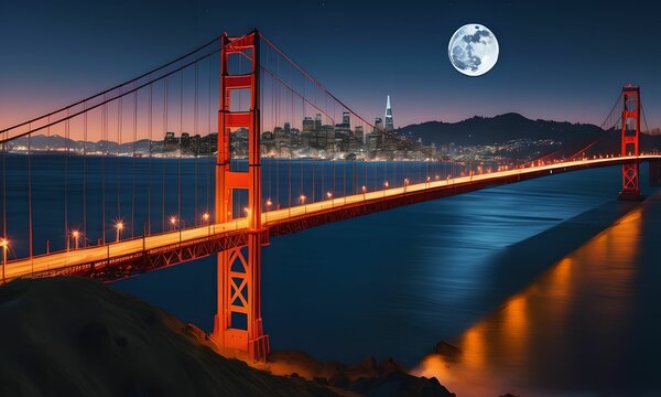 3D wallpaper depicting the San Francisco Bridge lit by a full moon