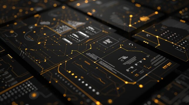 a roadmap for a crypto project, black and dark gold color scheme, clear visual