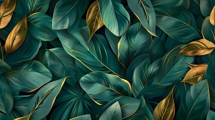 Lush Tropical Foliage Seamless Pattern with Elegant Golden Vein Accents Symbolizing Natural Luxury