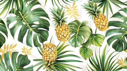Luxurious Tropical Botanical Pattern with Shimmering Golden Pineapple Motifs