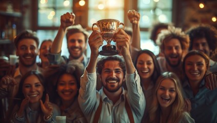 A crowd of people are standing around a happy man holding a trophy, smiling, sharing the joy at an entertainment event. They are dressed in hats, enjoying the leisure and fun of the moment as a team - obrazy, fototapety, plakaty