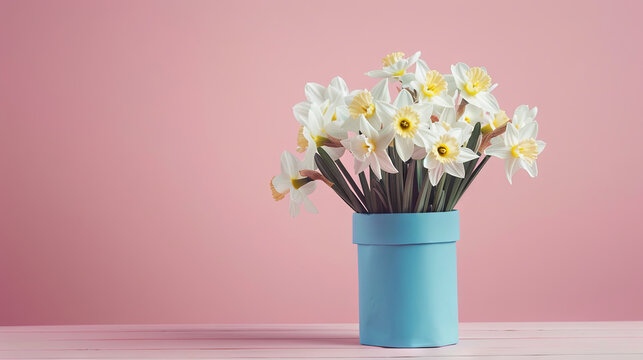 A charming flowering narcissus, nestled in a blue pot, showcased against a soft pink background