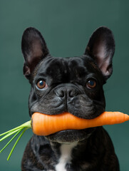 Obraz premium Dog holding carrot in his teeth