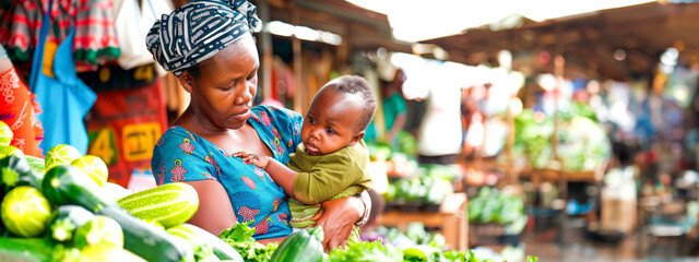 A tender scene at a local market where a mother in traditional African attire holds her baby close, amidst the hustle of daily commerce and vibrant cultural fabrics. Banner. Copy space - obrazy, fototapety, plakaty
