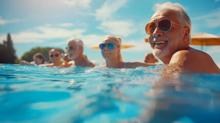 An elderly adult man and woman are in the water with other people. The man is smiling and wearing sunglasses.