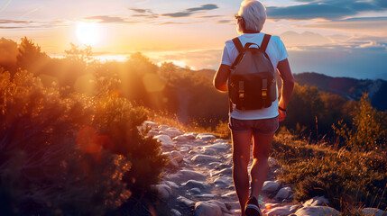 A man is walking on a path with a backpack. The sun is setting in the background, creating a warm and peaceful atmosphere