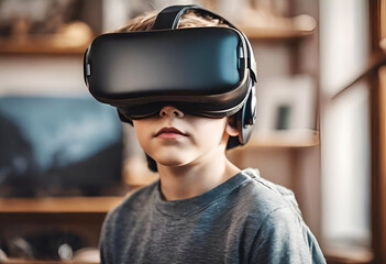 Virtual Entertainment: caucasian male teenager is playing VR-headset at home