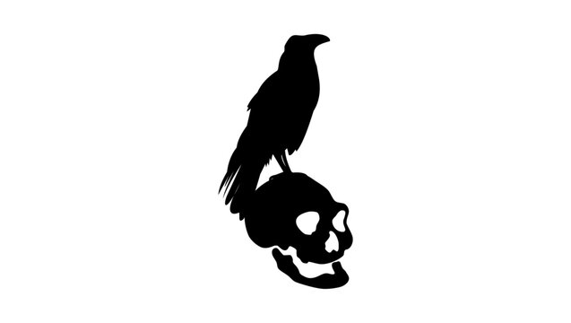 Raven on Skull, emblem, black isolated silhouette