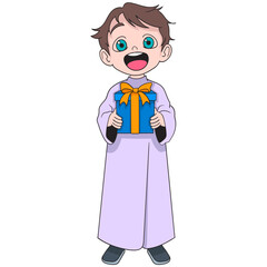 young boy is carrying a box containing gifts to donate to the poor