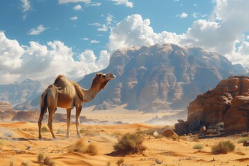 A camel, a terrestrial animal, stands majestically in the middle of a vast desert landscape under a clear blue sky with fluffy cumulus clouds, a symbol of travel and a hardworking camelid