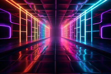 A glowing neon tunnel with vibrant colors streaks through a dark background
