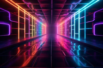 Foto op Canvas A glowing neon tunnel with vibrant colors streaks through a dark background © Patchaporn