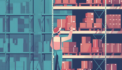 Icon of a warehouse worker stacking boxes on a high shelf when suddenly one of them starts to tee Generative AI - obrazy, fototapety, plakaty