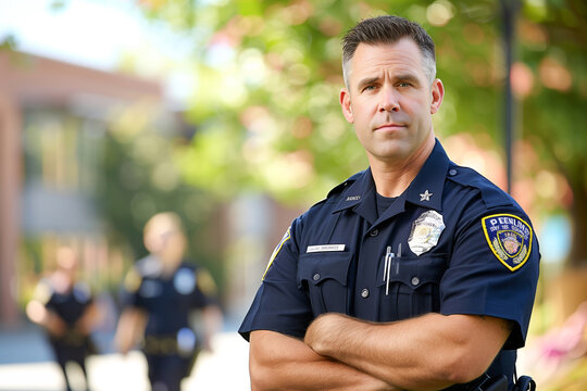 Confident mature policeman with crossed arms in sunny yard. Security officer in uniform keeps order in school backyard. Professional guard