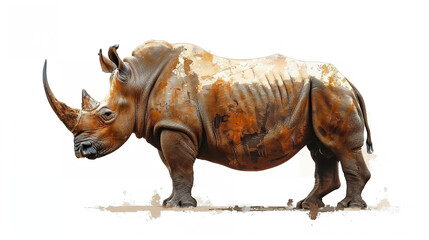 Fototapeta premium Rhino (Rhinoceros) in painted on canvas Isolated on white background.