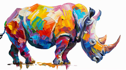 Rhino (Rhinoceros) in painted with oil paints on canvas Isolated on white background. - obrazy, fototapety, plakaty