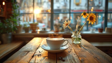 A steaming cup of hot coffee resting on a table, inviting warmth and comfort in its simple elegance. - obrazy, fototapety, plakaty
