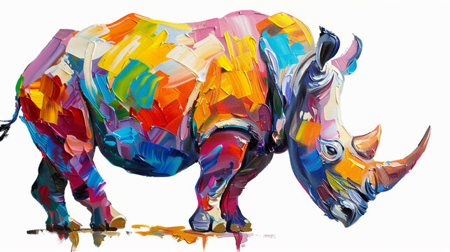 Rhino (Rhinoceros) in painted with oil paints on canvas Isolated on white background.