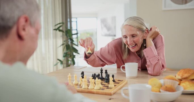 Elderly couple, chess and board with smile for winning, problem solving and happy competition. Thinking, planning and excited senior woman with knowledge for contest, achievement and strategy in game
