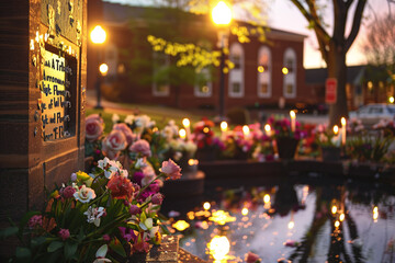 Candles glow warmly among bouquets of flowers at a sunset memorial, creating a serene tribute atmosphere. - obrazy, fototapety, plakaty