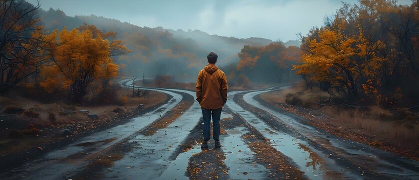 Man at crossroads making decisions to overcome challenges. Concept Decision-making, Challenges, Crossroads, Overcoming obstacles