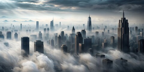 city skyscrapers covered in mist and smoke on cloudy day - obrazy, fototapety, plakaty