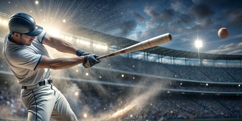 baseball player hits a baseball ball with a baseball bat freeze frame in the background of a baseball stadium - obrazy, fototapety, plakaty